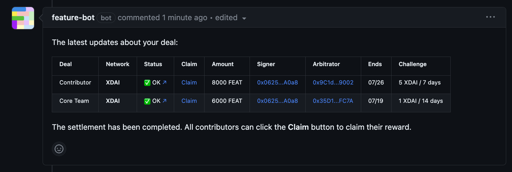 Double escrow with the FEATURE bot